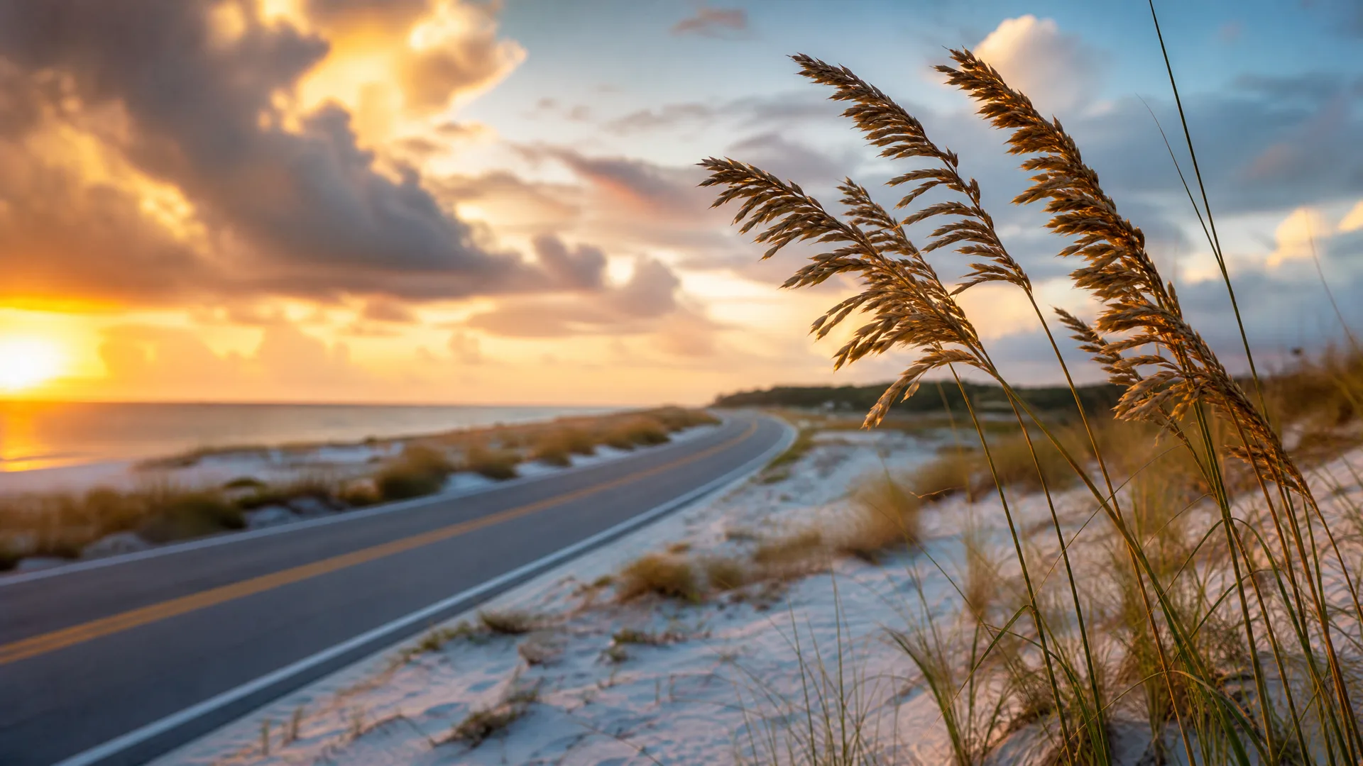 A two-lane road with yellow center lines curves along a sandy coastal dune at sunset, with sea oats in sharp focus in the foreground and the ocean and cloudy sky at left.
